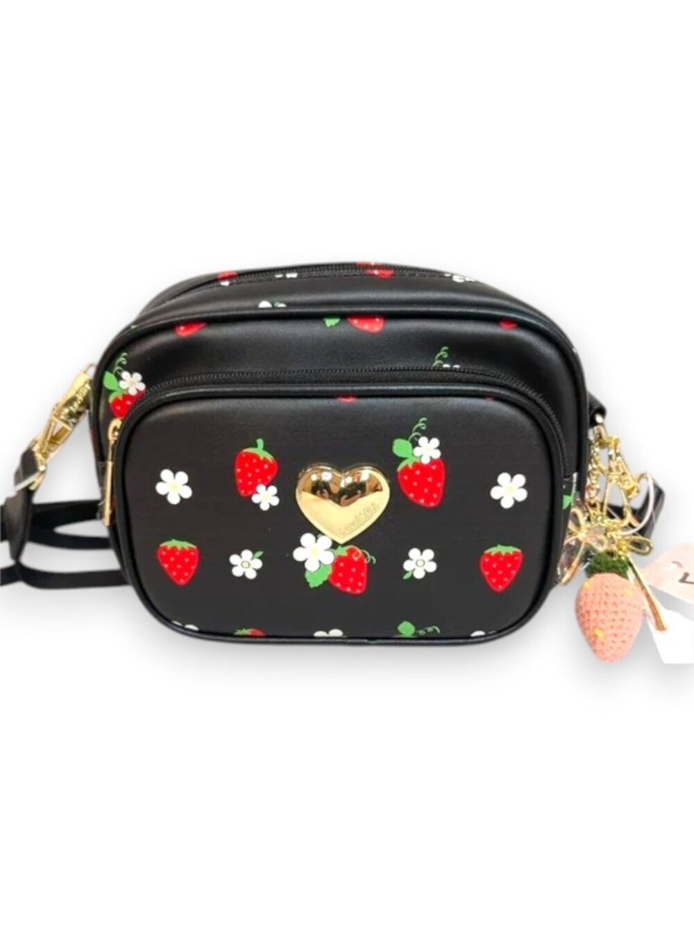 Luv Betsey Johnson Black Strawberry And Daisy Multiple Charm Crossbody Bag